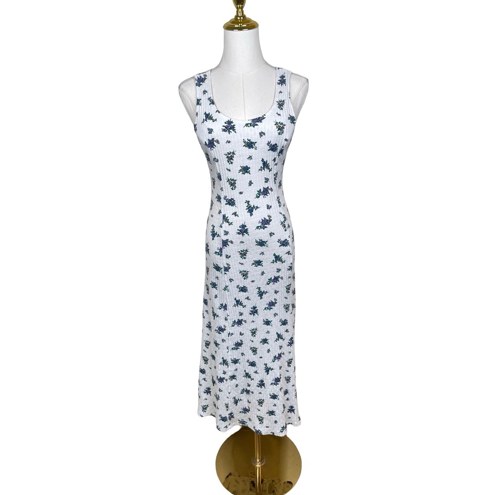 Vintage Ditsy Floral Ribbed Maxi Dress Women 10/12 White Purple 90s Grunge - Picture 2 of 9